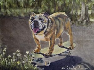 portrait of a dog on a skateboard painted by Artist A. Wendy Warner