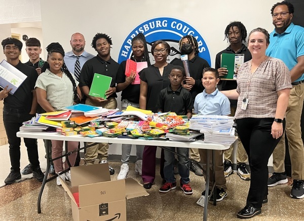 students assembled for homeland's school supply drive