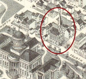 historical map showing the location of the free baptist church